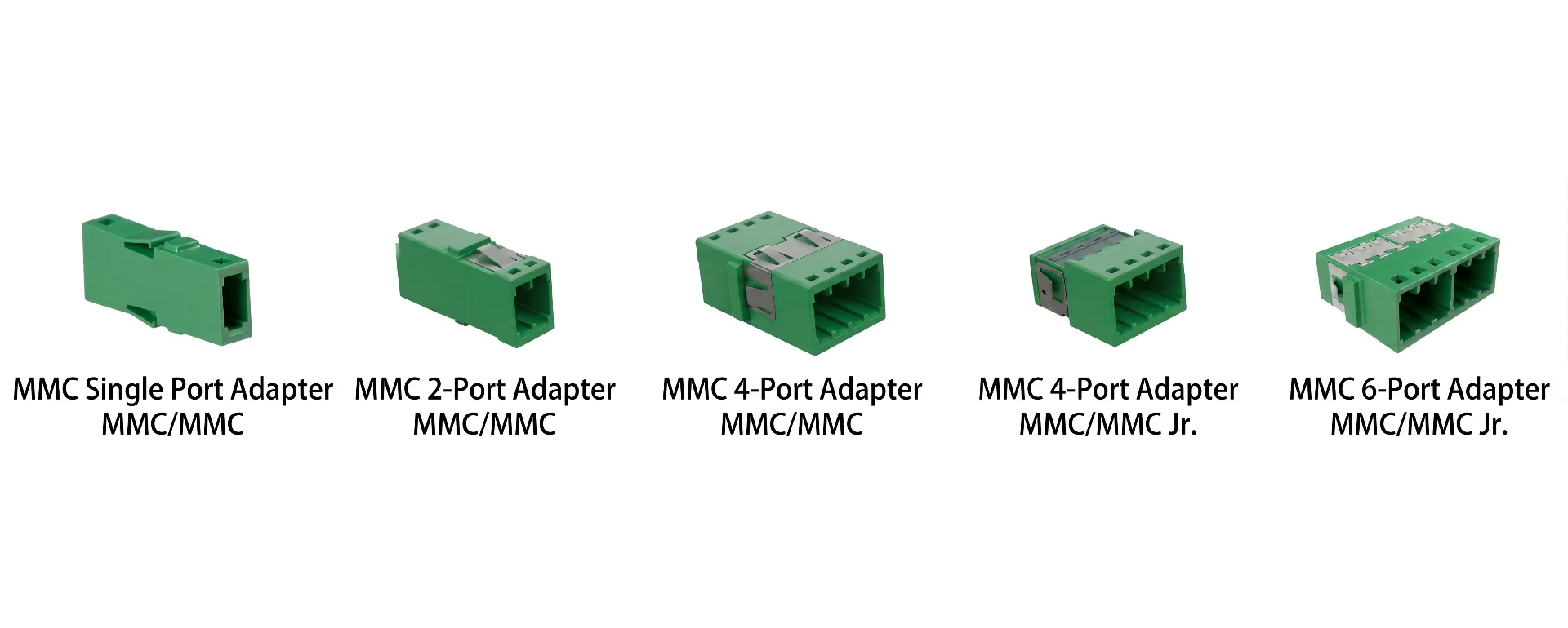 A lineup of diverse green MMC adapters, showing Single Port, 2-Port, 4-Port (standard and Jr.), and 6-Port configurations with protective dust caps. A lineup of diverse green MMC adapters, showing Single Port, 2-Port, 4-Port (standard and Jr.), and 6-Port configurations with protective dust caps.